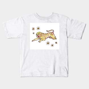 Pouncing Tiger with Daisies Kids T-Shirt